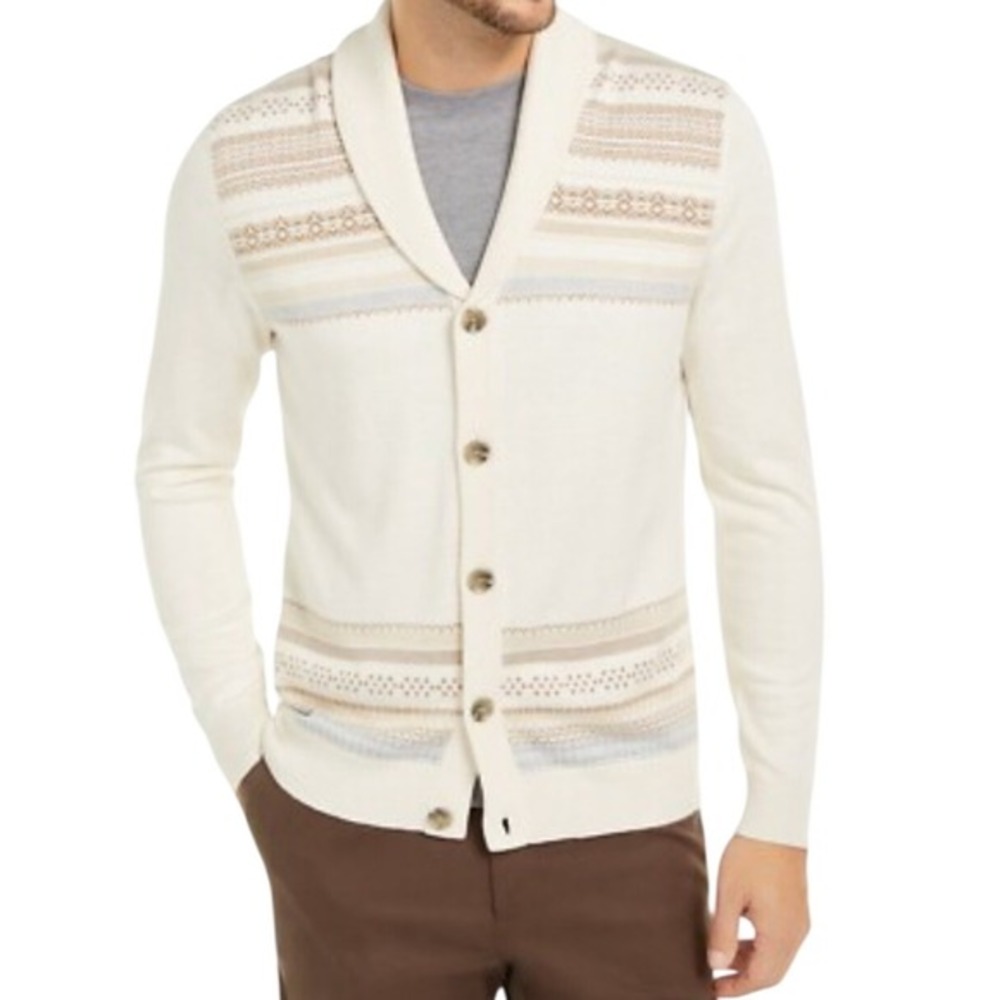 Tasso Elba Shawl Collar Cardigan Sweater‎ Cream Fair Isle Cashmere Old Money Med